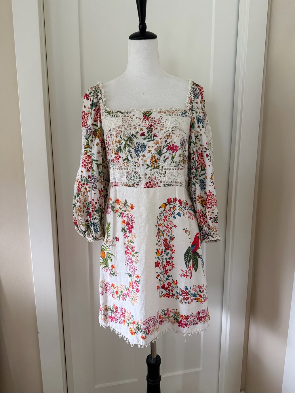 Farm Rio White Mini Dress With Pink, Orange & Green Floral Print